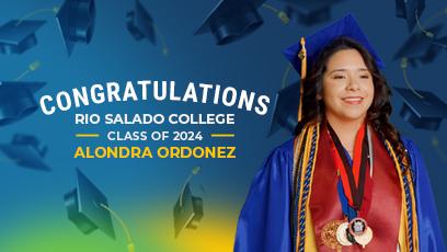 Image of student in cap and gown with words Rio Salado College Congratulations Class of 2024 Alondra Ordonez