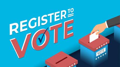 Register to Vote graphic with ballot boxes