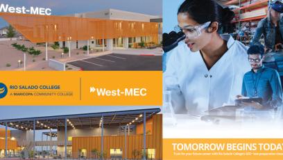 Exterior view of West-Mec locations. Rio Salado and West-Mec logos. Images of medical tech, welder and other workers. 