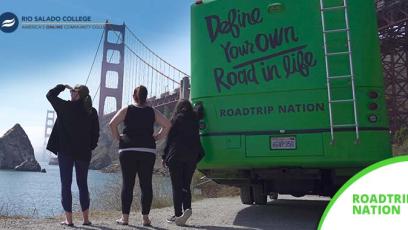 photo of 3 Rio Salado College students standing next to a RV looking at the Golden Gate Bridge. Text: Roadtrip Nation