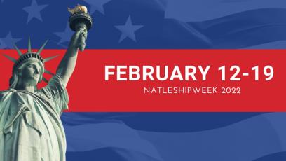 photo of Statue of Liberty with text on red background: February 12-19 National Eship Week 2022