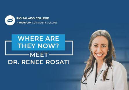 Rene Rosati wearing her doctor coat and stethoscope