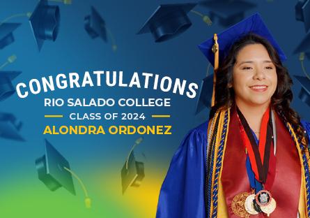 Image of student in cap and gown with words Rio Salado College Congratulations Class of 2024 Alondra Ordonez