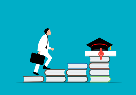 Businessman climbing up stairs made of books toward graduate's cap and college degree at the top