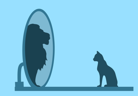 A house cat seems themselves as a lion in the mirror