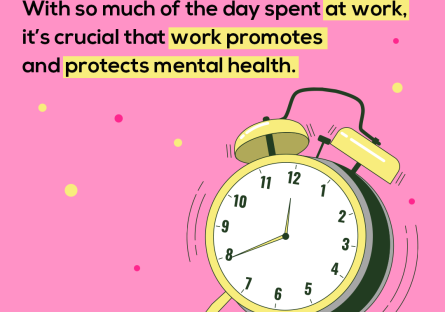 Alarm clock and text reading "With so much of the day spent at work, it's crucial that work promotes and protects mental health