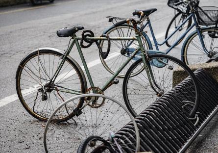 Bicycles tied to bike rack