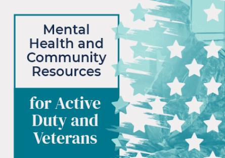 illustration of teal stripes and stars with text: Mental Health and Community Resources for Active Duty and Veterans