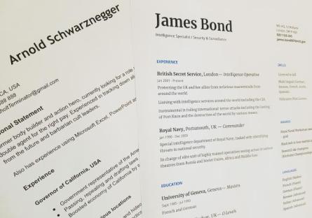 Examples of resumes for James Bond and Arnold Schwarzenegger