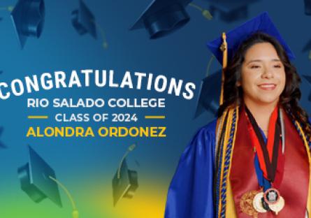 Image of student in cap and gown with words Rio Salado College Congratulations Class of 2024 Alondra Ordonez