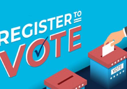 Register to Vote graphic with ballot boxes